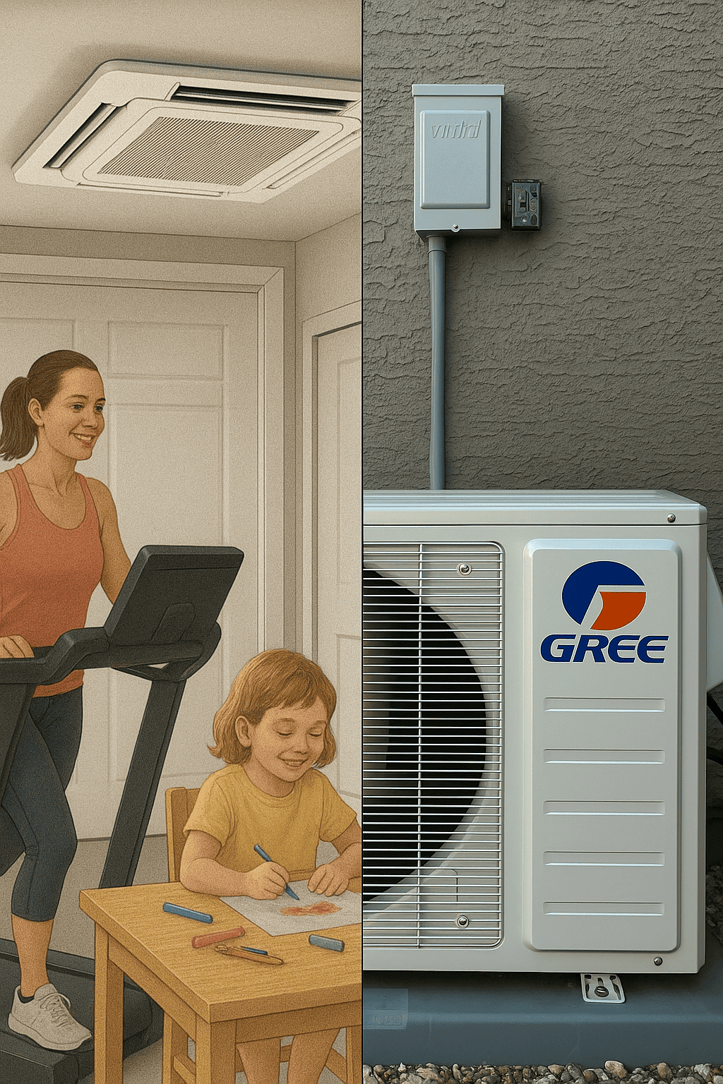 best garage air conditioner for Arizona. Shown: Gree mini split ceiling cassette with Gree heat pump mini split outdoor condenser