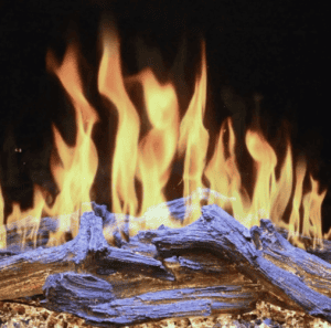 closeup photo of an electric fireplace with driftwood logs and tall fllames