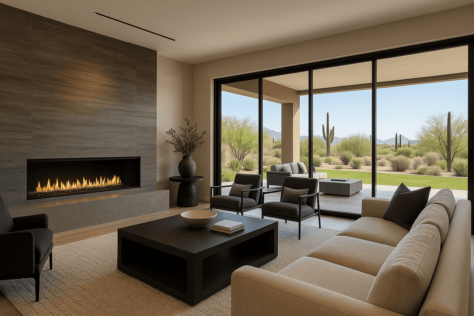 modern linear fireplace in mesa AZ living room with contemporary furnishings