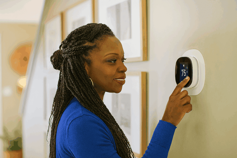 a woman setting her ecobee thermostat in a Phoenix home