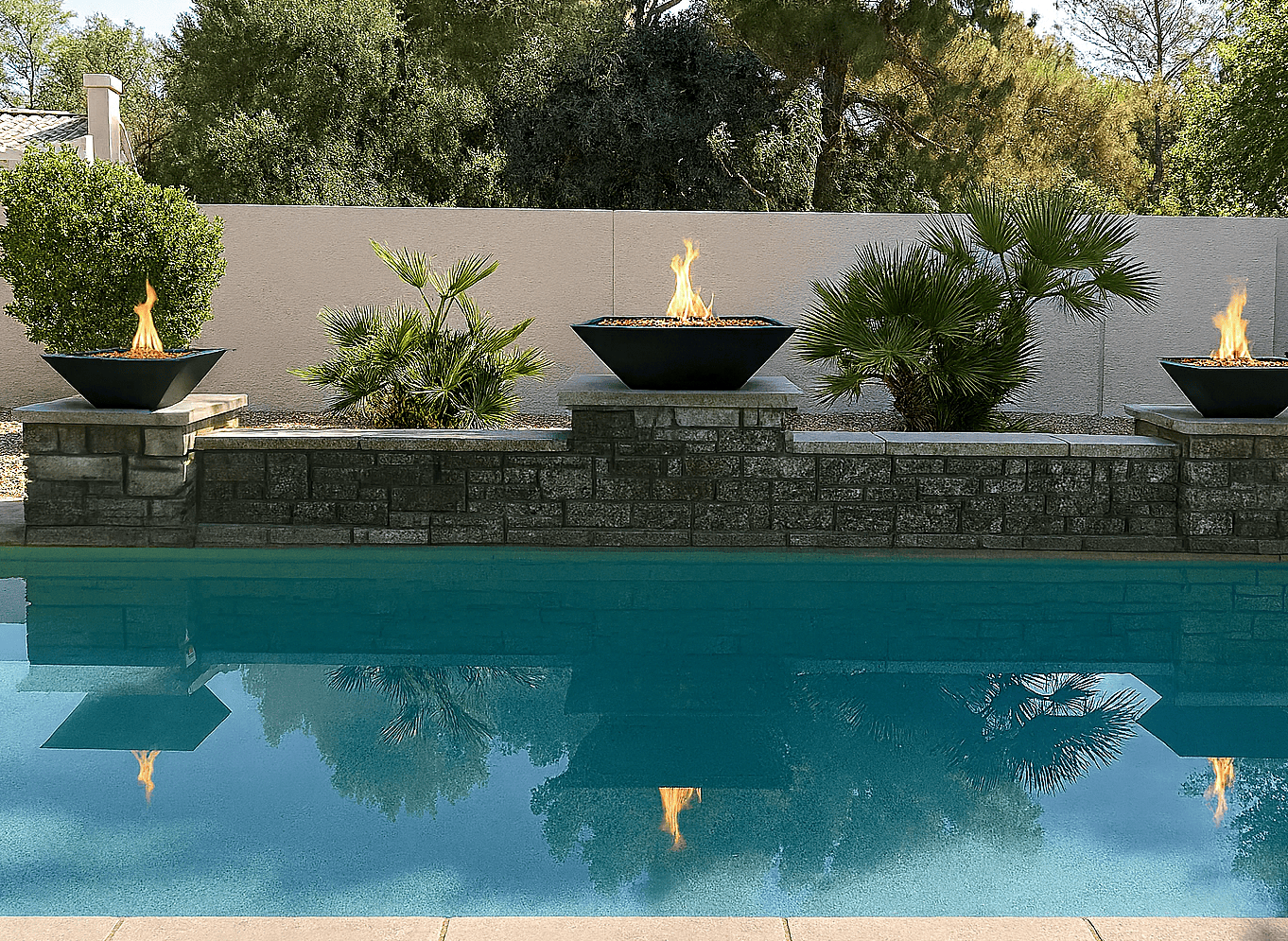 chandler az backyard pool with 3 new black fire features poolside