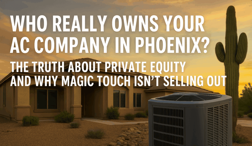 arizona home with a new ac unit in front and overlay text: Who really owns your ac company in phoenix? The truth about private equity and why magic touch mechanical isn't selling