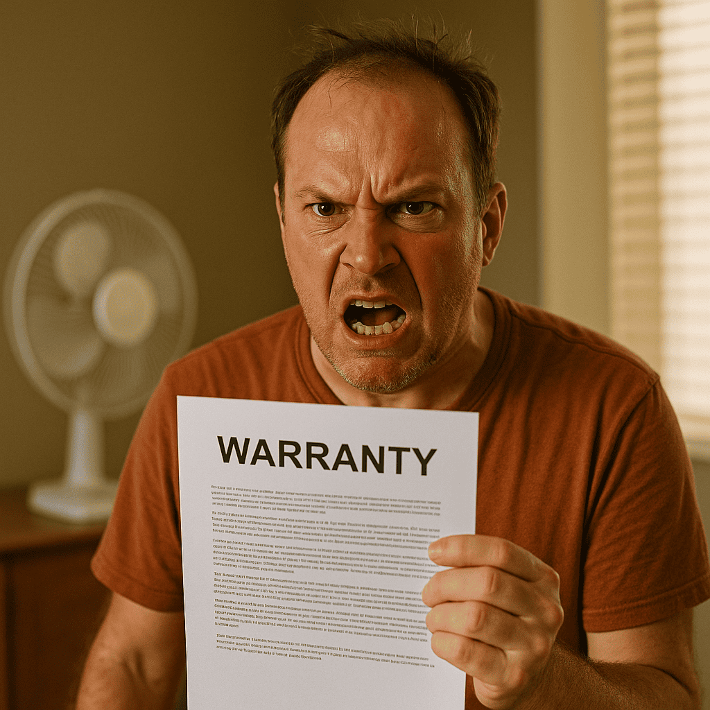 angry man red in the face and sweaty holding an air conditioner warranty certificate