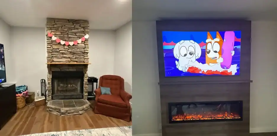 before and after gas fireplace converted to electric fireplace